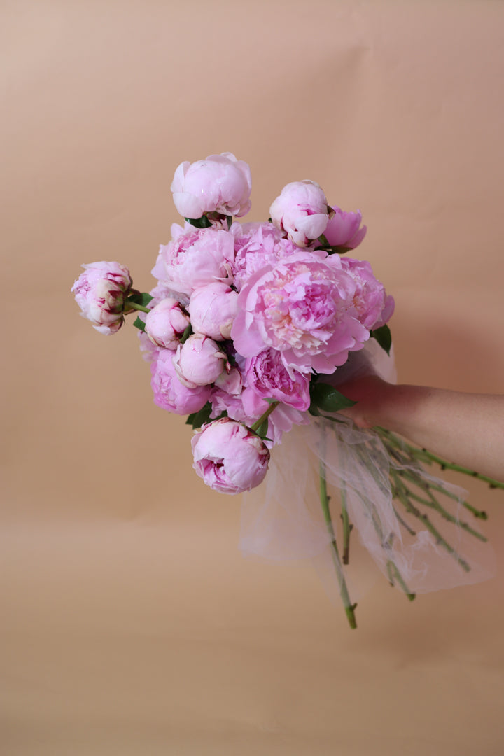 A bouquet of pink peonies with visible water droplets, arranged against a beige background.